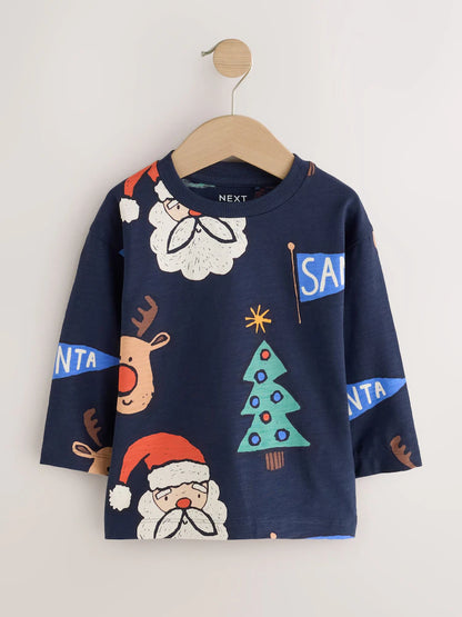 |Boy| Kit com 3 Camisetas de Natal de Manga Longa (Azul-marinho/Vermelho) – 3 meses a 7 anos