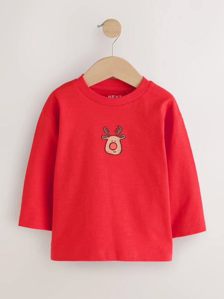 |Boy| Kit com 3 Camisetas de Natal de Manga Longa (Azul-marinho/Vermelho) – 3 meses a 7 anos