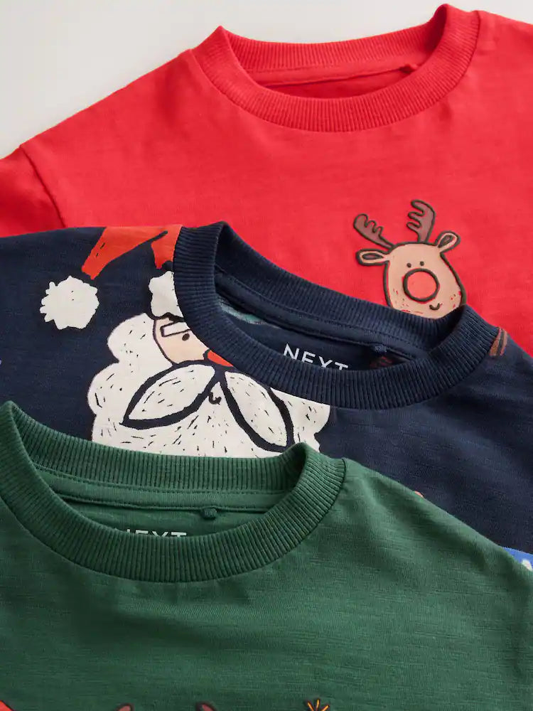 |Boy| Kit com 3 Camisetas de Natal de Manga Longa (Azul-marinho/Vermelho) – 3 meses a 7 anos