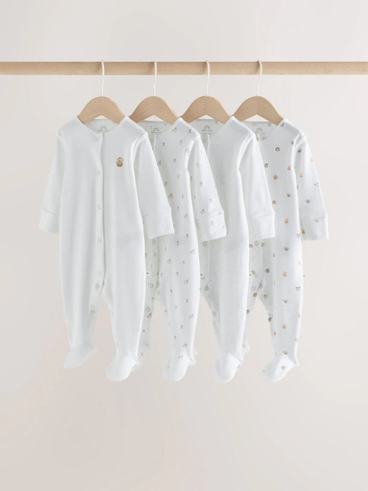 |BabyGirl| Kit com 4 Macacões de Bebê Brancos com Estampa de Animais de Safári (0 a 2 anos)