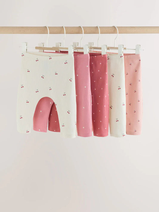 |BabyGirl| Kit com 5 Leggings Para Bebê com Estampa De Cereja Rosa (0 meses a 2 anos)