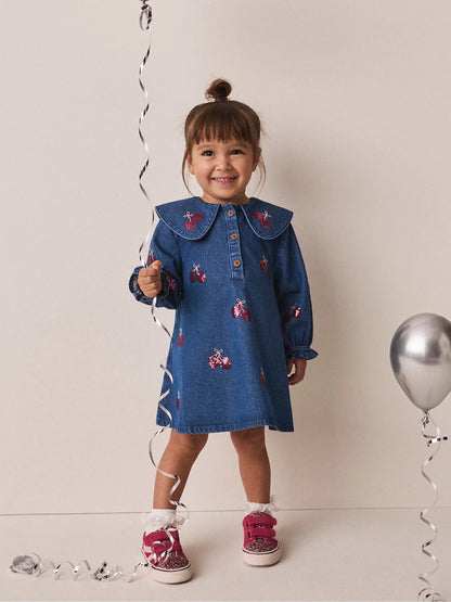 |Girl| Vestido Jeans com Lantejoulas Blue Cherry (3 meses a 8 anos)