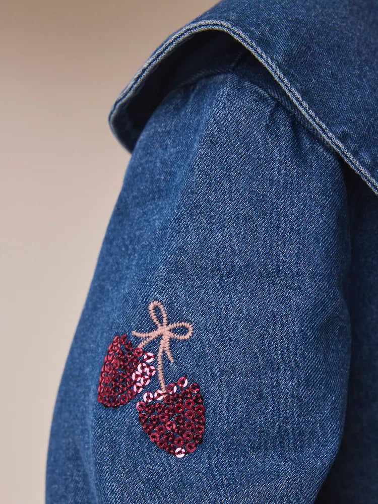 |Girl| Vestido Jeans com Lantejoulas Blue Cherry (3 meses a 8 anos)