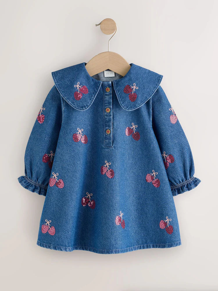 |Girl| Vestido Jeans com Lantejoulas Blue Cherry (3 meses a 8 anos)