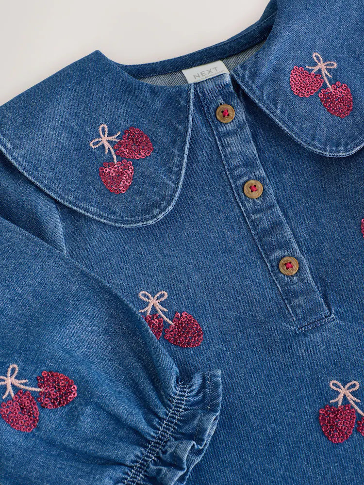 |Girl| Vestido Jeans com Lantejoulas Blue Cherry (3 meses a 8 anos)