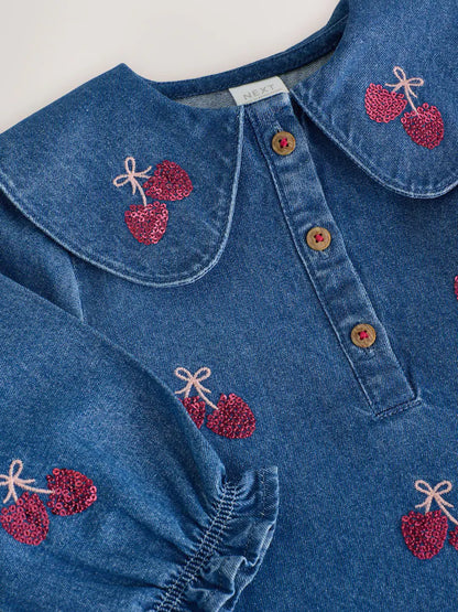 |Girl| Vestido Jeans com Lantejoulas Blue Cherry (3 meses a 8 anos)