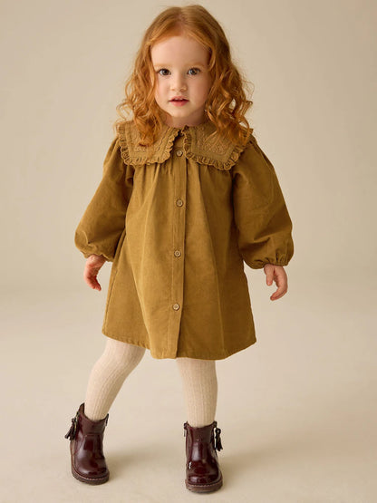 |Girl| Vestido De Veludo Cotelê Amarelo-Mostarda De Manga Longa Com Detalhe Na Gola (3 meses a 8 anos)