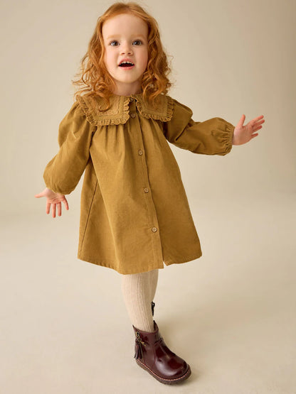 |Girl| Vestido De Veludo Cotelê Amarelo-Mostarda De Manga Longa Com Detalhe Na Gola (3 meses a 8 anos)