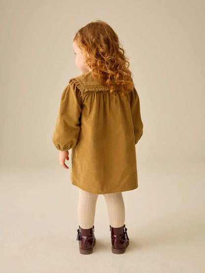 |Girl| Vestido De Veludo Cotelê Amarelo-Mostarda De Manga Longa Com Detalhe Na Gola (3 meses a 8 anos)