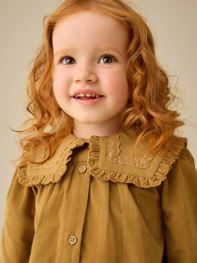 |Girl| Vestido De Veludo Cotelê Amarelo-Mostarda De Manga Longa Com Detalhe Na Gola (3 meses a 8 anos)