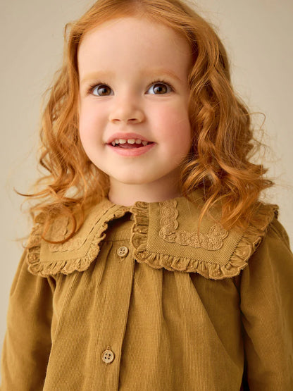 |Girl| Vestido De Veludo Cotelê Amarelo-Mostarda De Manga Longa Com Detalhe Na Gola (3 meses a 8 anos)