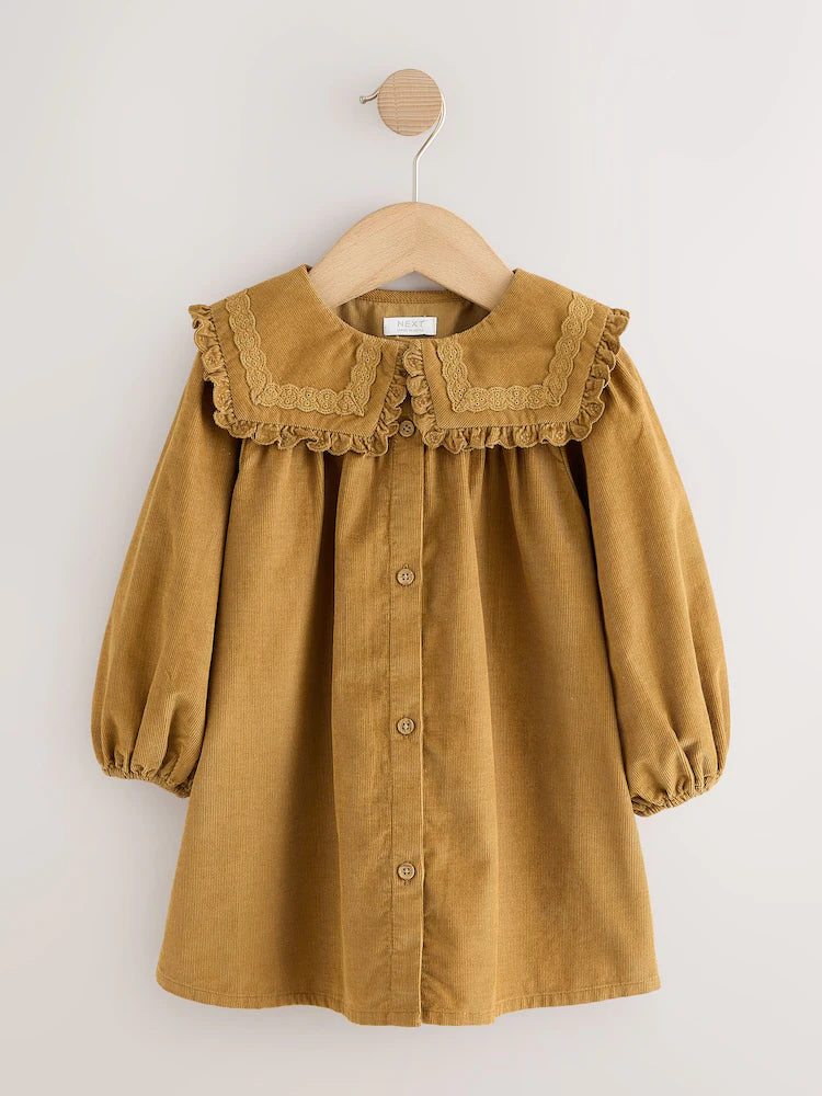 |Girl| Vestido De Veludo Cotelê Amarelo-Mostarda De Manga Longa Com Detalhe Na Gola (3 meses a 8 anos)
