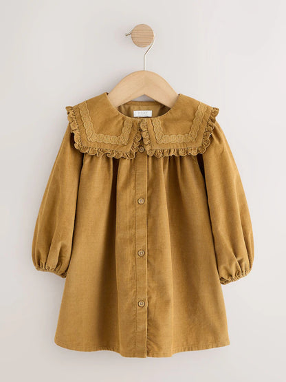 |Girl| Vestido De Veludo Cotelê Amarelo-Mostarda De Manga Longa Com Detalhe Na Gola (3 meses a 8 anos)