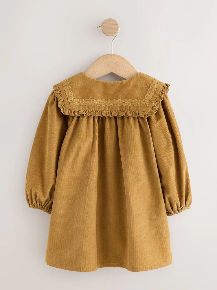 |Girl| Vestido De Veludo Cotelê Amarelo-Mostarda De Manga Longa Com Detalhe Na Gola (3 meses a 8 anos)