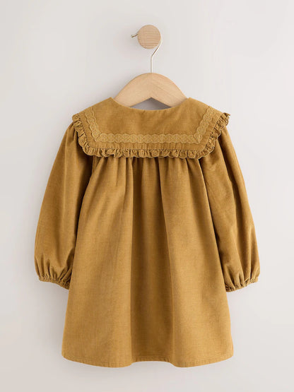 |Girl| Vestido De Veludo Cotelê Amarelo-Mostarda De Manga Longa Com Detalhe Na Gola (3 meses a 8 anos)