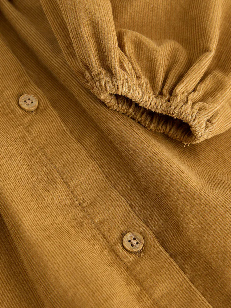 |Girl| Vestido De Veludo Cotelê Amarelo-Mostarda De Manga Longa Com Detalhe Na Gola (3 meses a 8 anos)