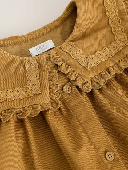|Girl| Vestido De Veludo Cotelê Amarelo-Mostarda De Manga Longa Com Detalhe Na Gola (3 meses a 8 anos)
