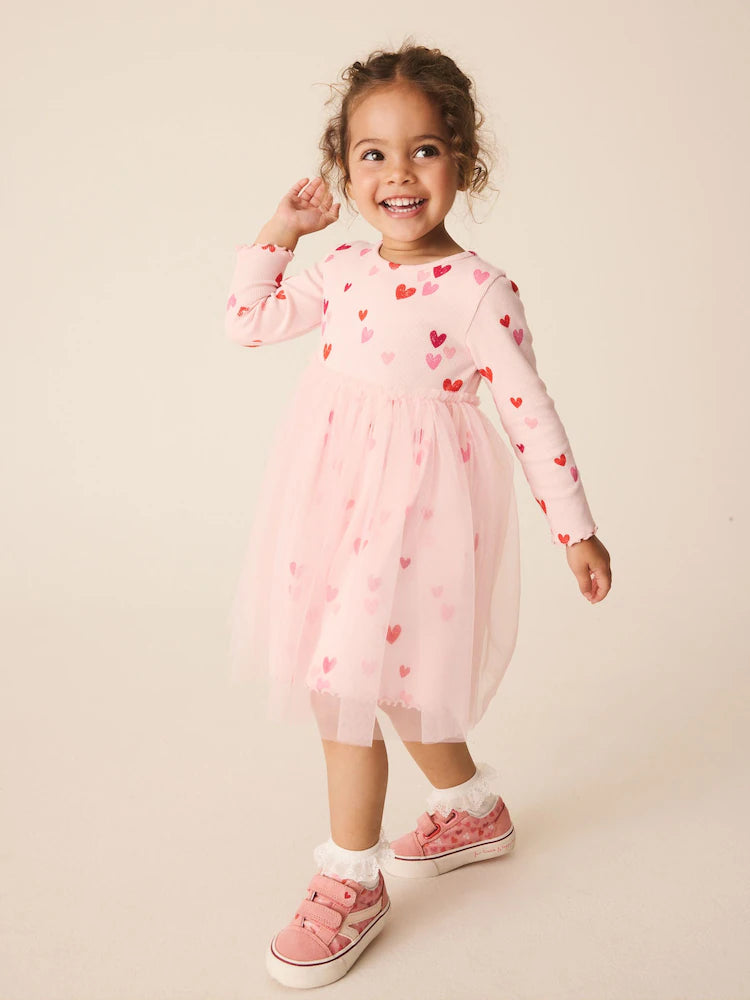 |Girl| Vestido de Manga Longa em Malha Canelada com Estampa de Corações Rosa (3 meses a 7 anos)