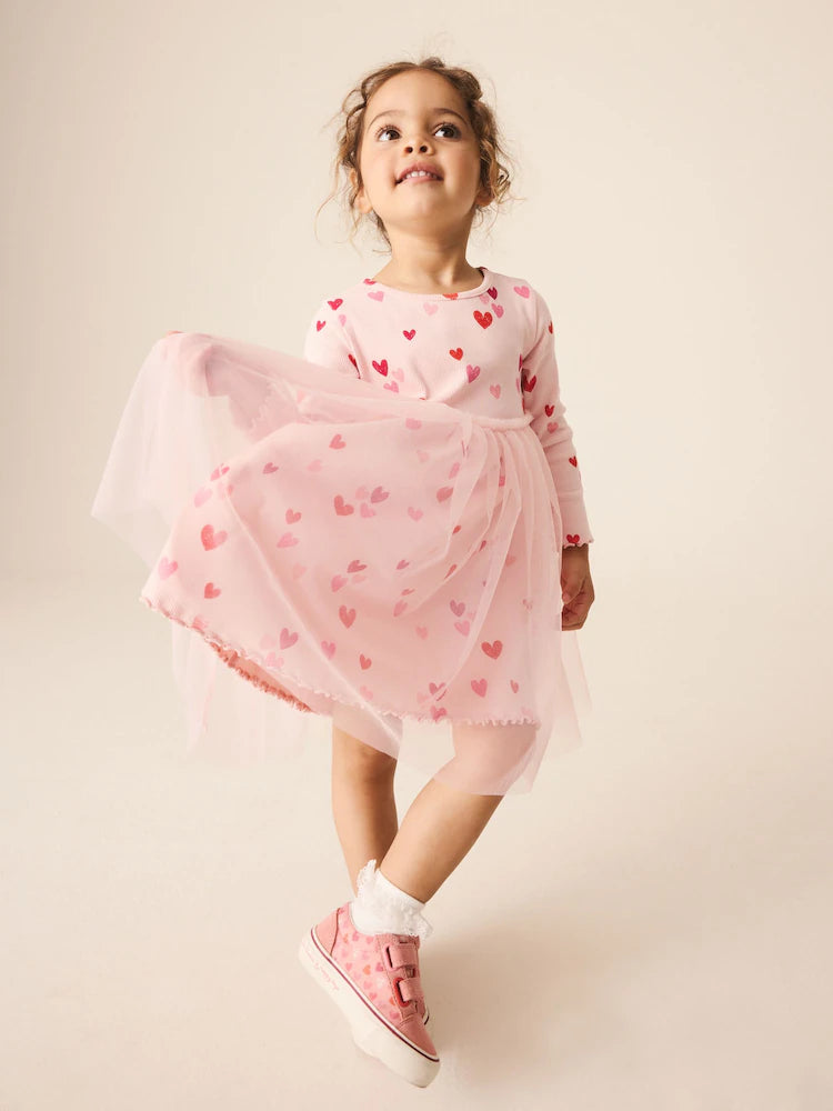 |Girl| Vestido de Manga Longa em Malha Canelada com Estampa de Corações Rosa (3 meses a 7 anos)