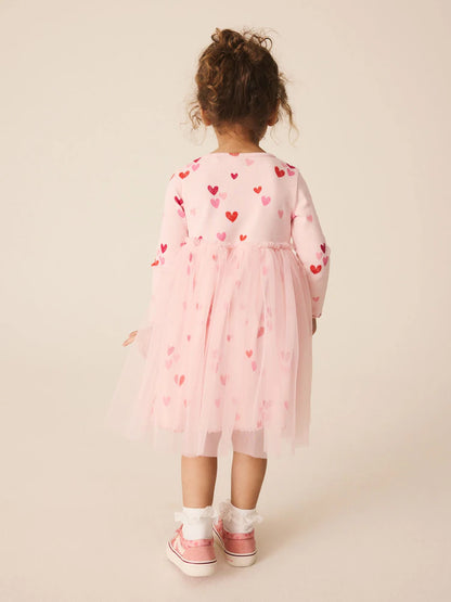 |Girl| Vestido de Manga Longa em Malha Canelada com Estampa de Corações Rosa (3 meses a 7 anos)