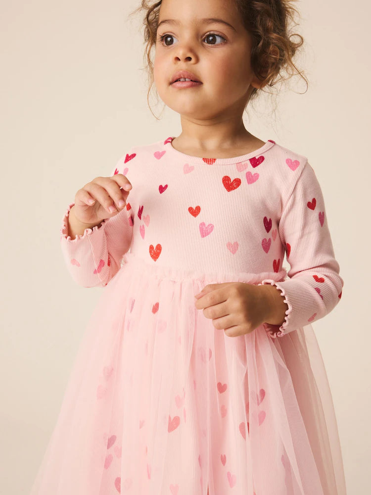 |Girl| Vestido de Manga Longa em Malha Canelada com Estampa de Corações Rosa (3 meses a 7 anos)