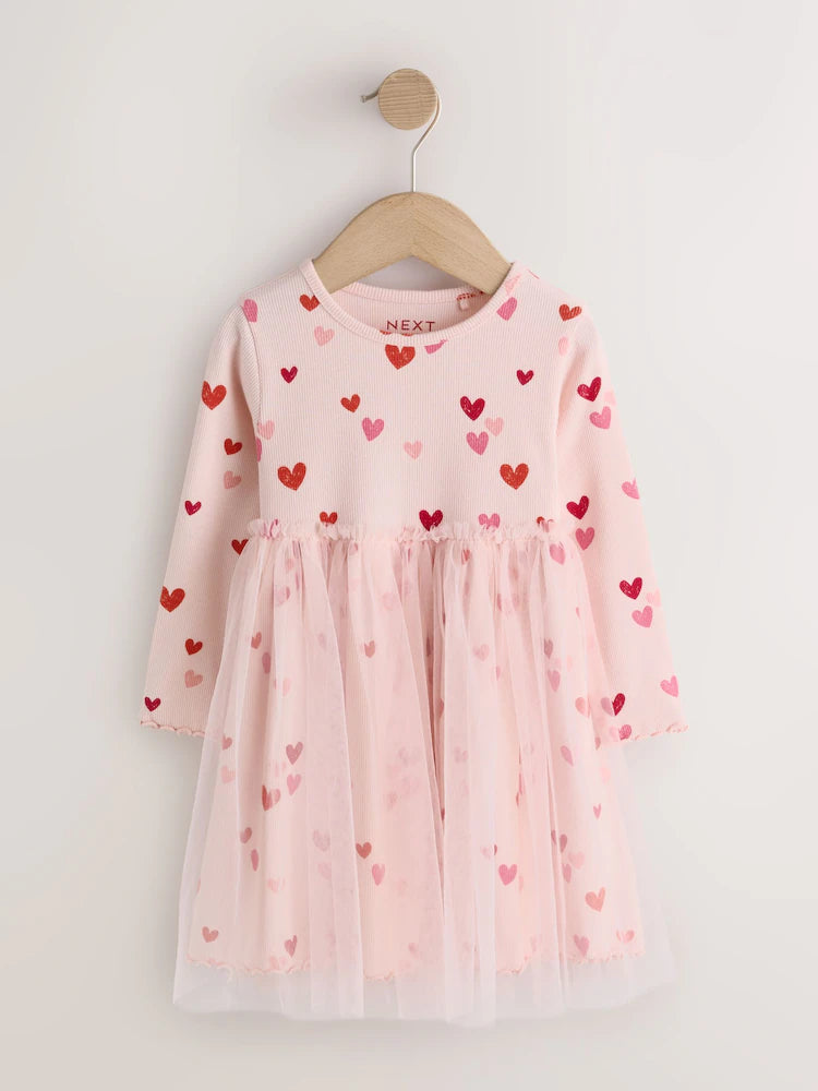 |Girl| Vestido de Manga Longa em Malha Canelada com Estampa de Corações Rosa (3 meses a 7 anos)