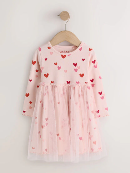 |Girl| Vestido de Manga Longa em Malha Canelada com Estampa de Corações Rosa (3 meses a 7 anos)