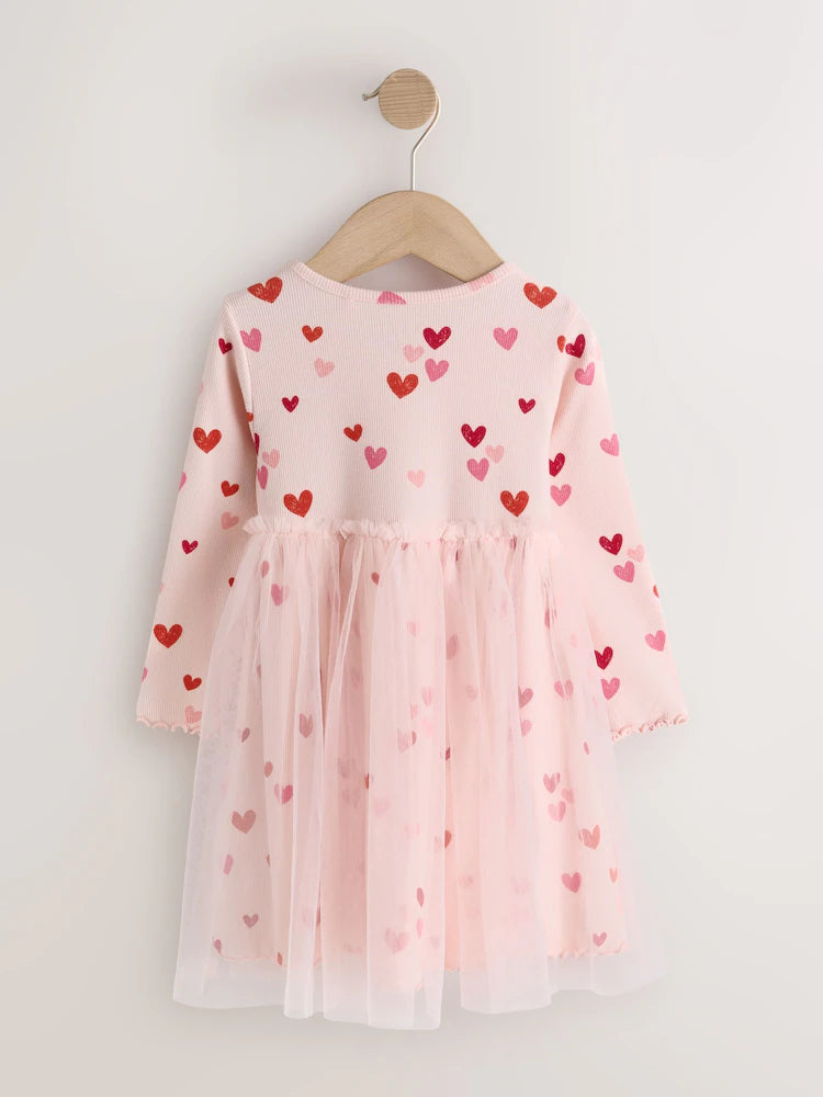 |Girl| Vestido de Manga Longa em Malha Canelada com Estampa de Corações Rosa (3 meses a 7 anos)