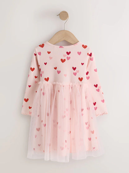 |Girl| Vestido de Manga Longa em Malha Canelada com Estampa de Corações Rosa (3 meses a 7 anos)