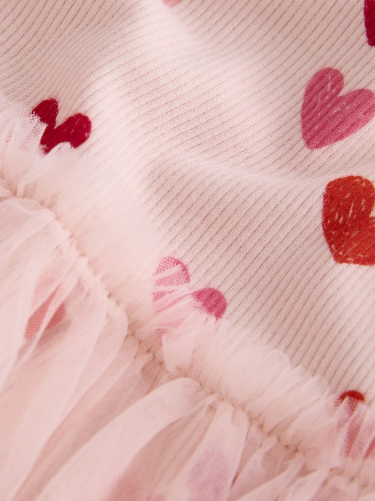 |Girl| Vestido de Manga Longa em Malha Canelada com Estampa de Corações Rosa (3 meses a 7 anos)