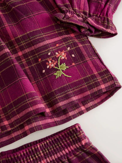 |Girl| Pijama De Tecido Xadrez Roxo Com Botões (9 meses a 10 anos)