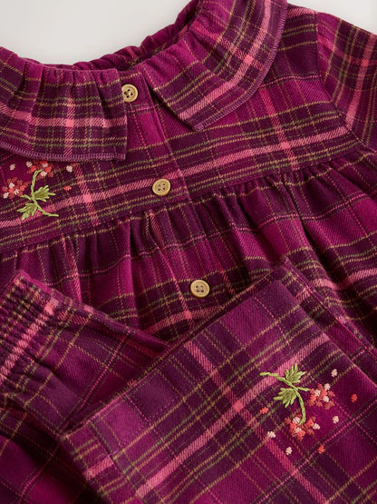 |Girl| Pijama De Tecido Xadrez Roxo Com Botões (9 meses a 10 anos)