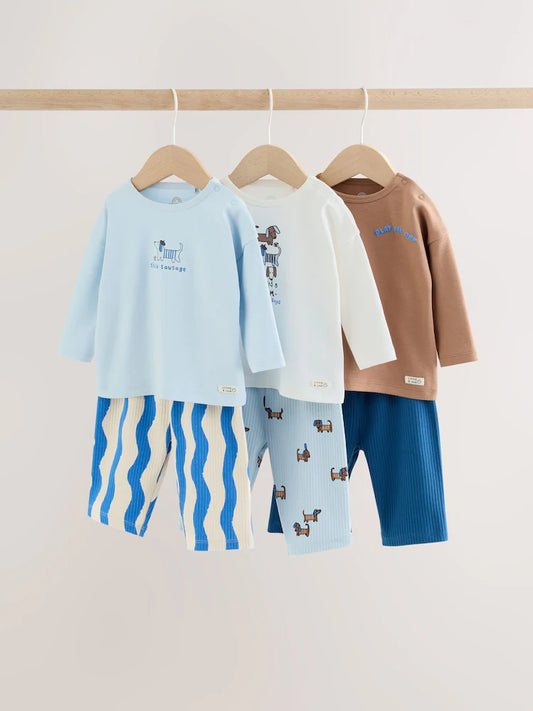 |BabyBoy| Conjunto De 6 Peças Com Estampa De Cachorro Azul: Blusa e Legging wide leg para bebês (0 meses a 2 anos)