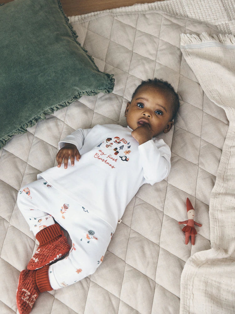 |BabyBoy| Conjunto de Bebê Branco "Meu Primeiro Natal" (Blusa e Legging) – 0 a 18 meses