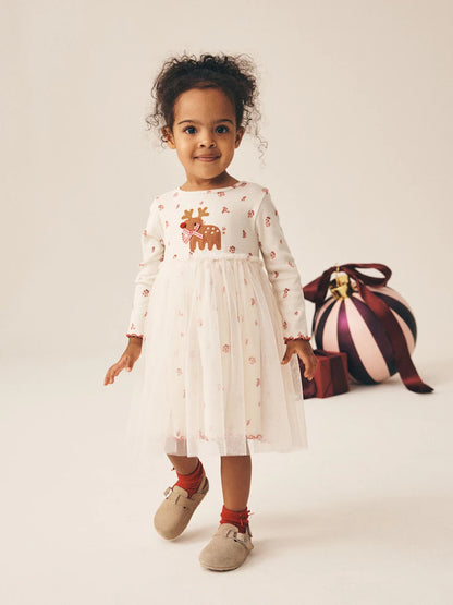 |Girl| Vestido de Tricô Canelado Creme com Estampa de Rena de Natal e Mangas Longas (3 meses a 7 anos)