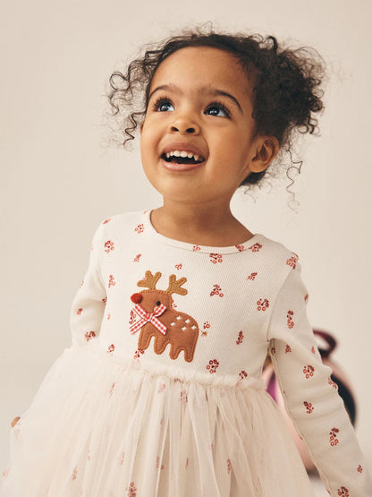 |Girl| Vestido de Tricô Canelado Creme com Estampa de Rena de Natal e Mangas Longas (3 meses a 7 anos)