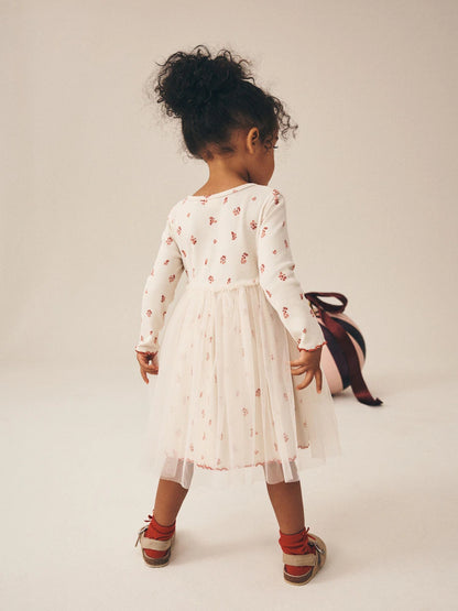 |Girl| Vestido de Tricô Canelado Creme com Estampa de Rena de Natal e Mangas Longas (3 meses a 7 anos)