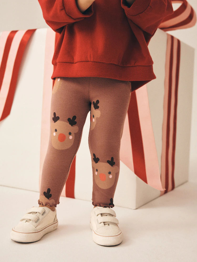 |Girl| Legging Marrom com Estampa de Rena (3 meses a 7 anos)