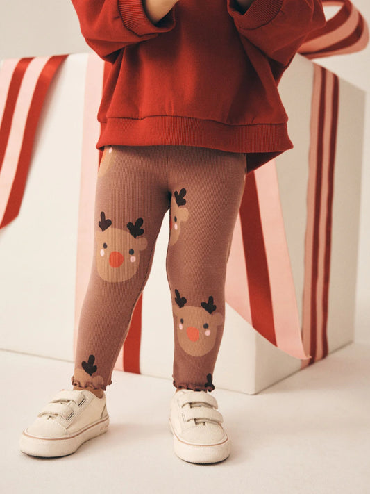 |Girl| Legging Marrom com Estampa de Rena (3 meses a 7 anos)