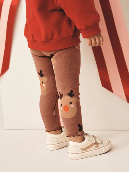 |Girl| Legging Marrom com Estampa de Rena (3 meses a 7 anos)