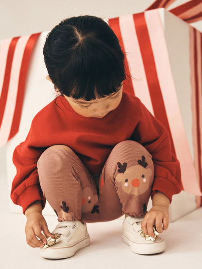 |Girl| Legging Marrom com Estampa de Rena (3 meses a 7 anos)