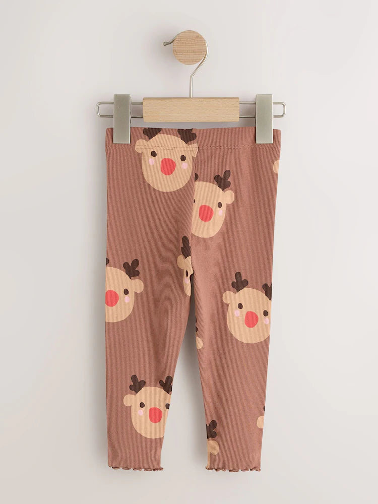 |Girl| Legging Marrom com Estampa de Rena (3 meses a 7 anos)