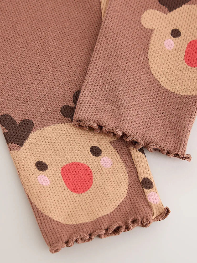 |Girl| Legging Marrom com Estampa de Rena (3 meses a 7 anos)