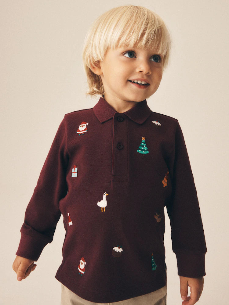 |Boy| Camisa Polo Bordada de Natal Manga Longa Vermelho-Bordô (3 meses a 7 anos)