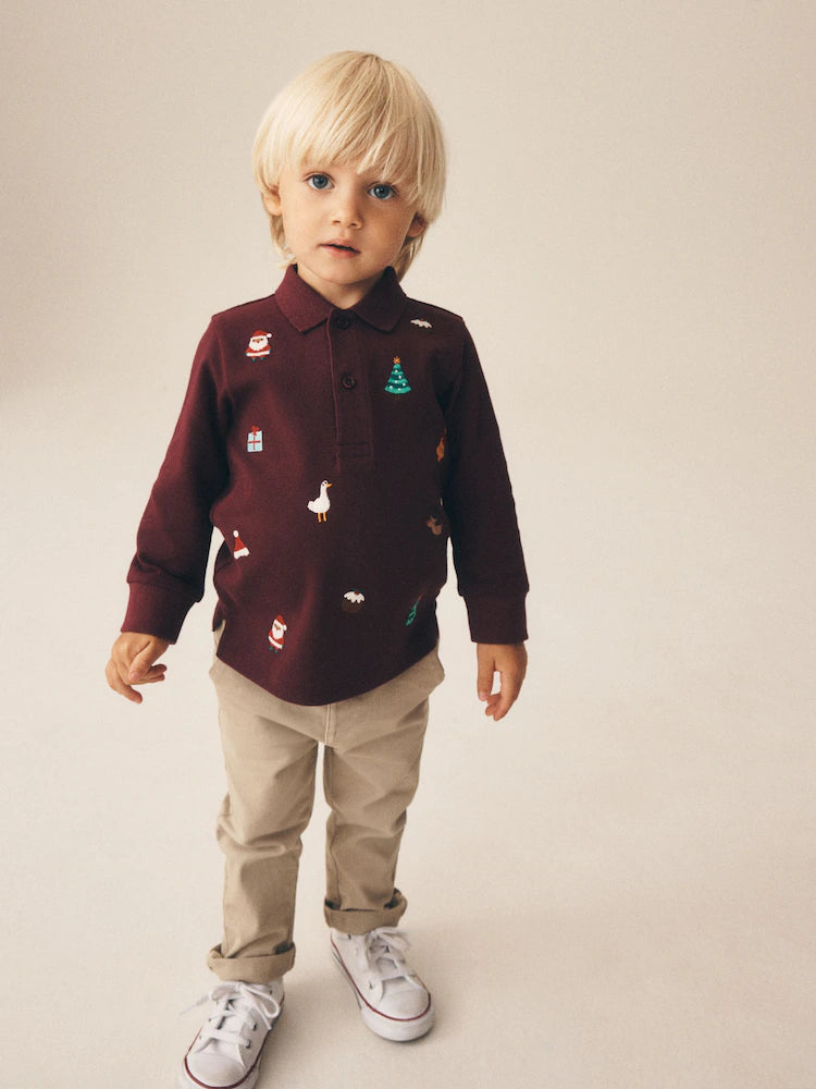 |Boy| Camisa Polo Bordada de Natal Manga Longa Vermelho-Bordô (3 meses a 7 anos)