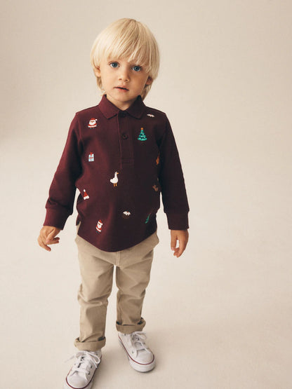 |Boy| Camisa Polo Bordada de Natal Manga Longa Vermelho-Bordô (3 meses a 7 anos)