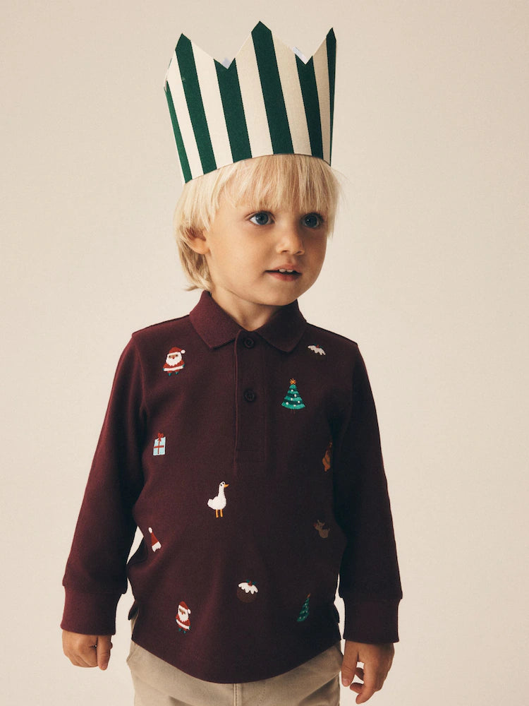 |Boy| Camisa Polo Bordada de Natal Manga Longa Vermelho-Bordô (3 meses a 7 anos)