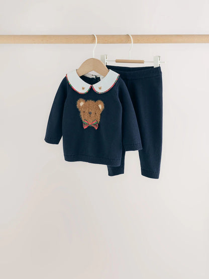 |BabyBoy| Conjunto De Tricô Para Bebê: Blusão Azul-Marinho Com Estampa De Urso e Legging (0 meses a 2 anos)