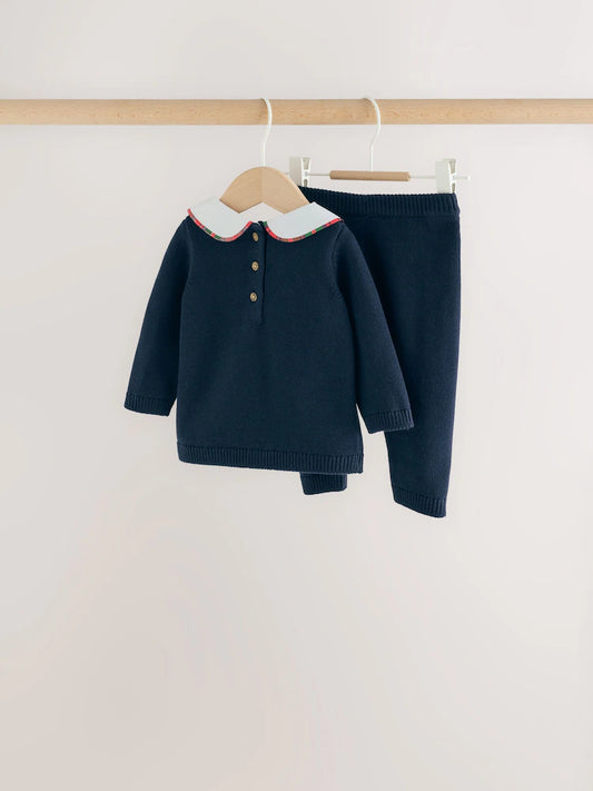 |BabyBoy| Conjunto De Tricô Para Bebê: Blusão Azul-Marinho Com Estampa De Urso e Legging (0 meses a 2 anos)