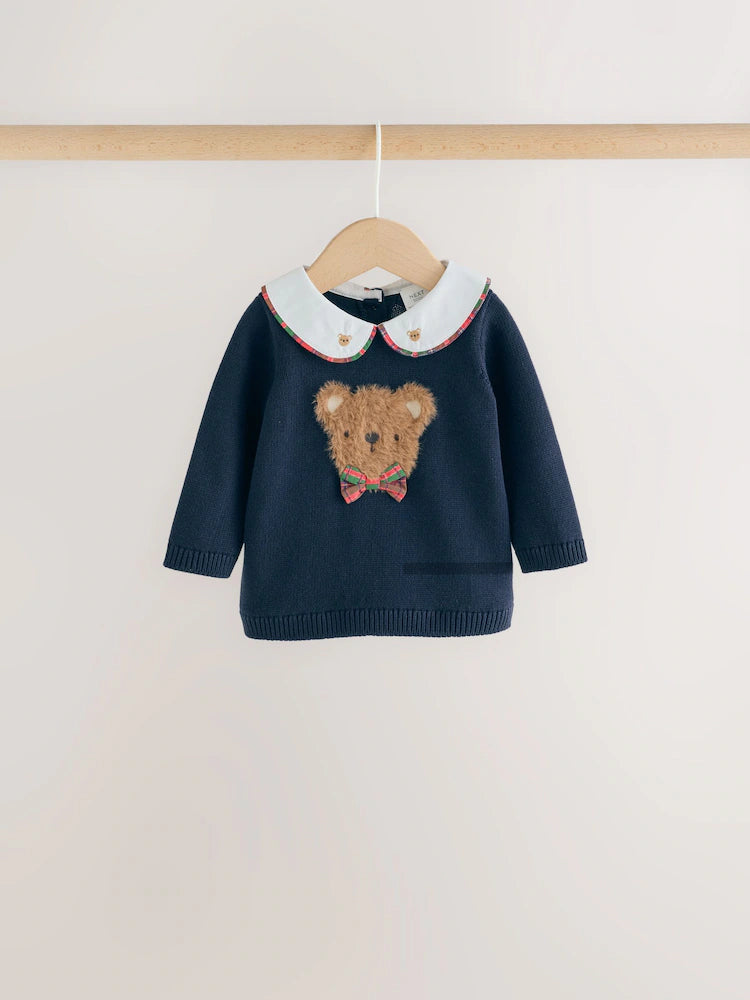 |BabyBoy| Conjunto De Tricô Para Bebê: Blusão Azul-Marinho Com Estampa De Urso e Legging (0 meses a 2 anos)